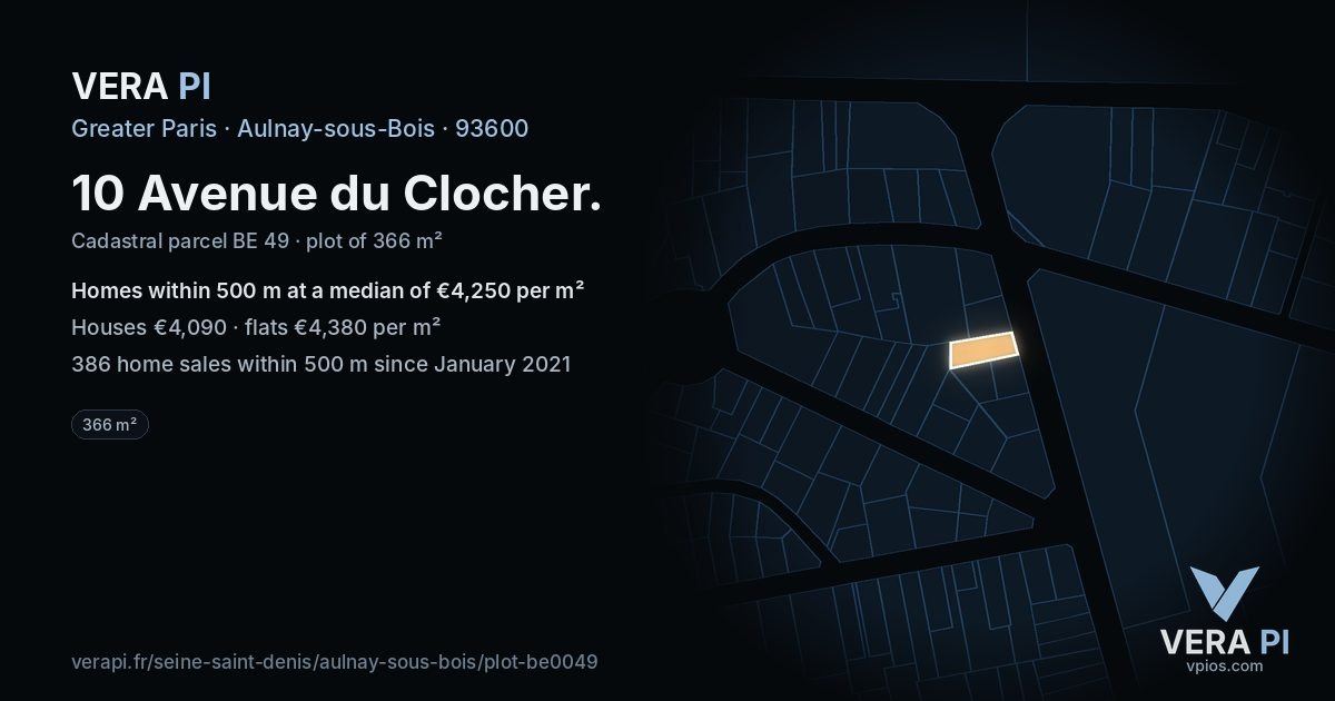 10 Avenue du Clocher, Aulnay-sous-Bois at night – the plot lit, the parcels around coloured by the prices near them