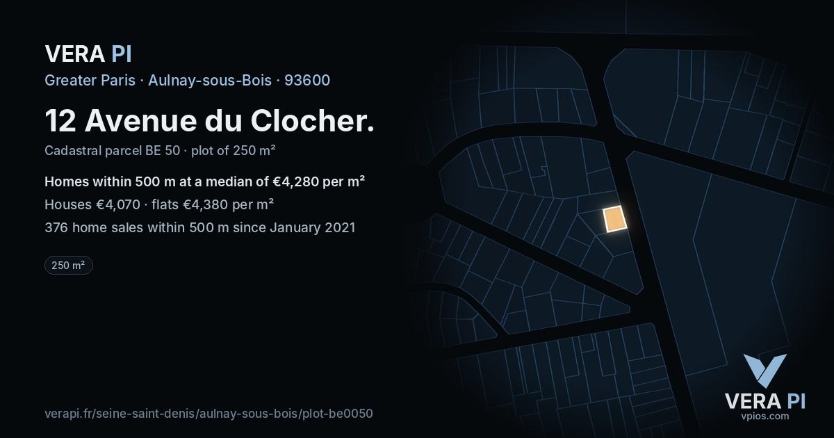 12 Avenue du Clocher, Aulnay-sous-Bois at night – the plot lit, the parcels around coloured by the prices near them