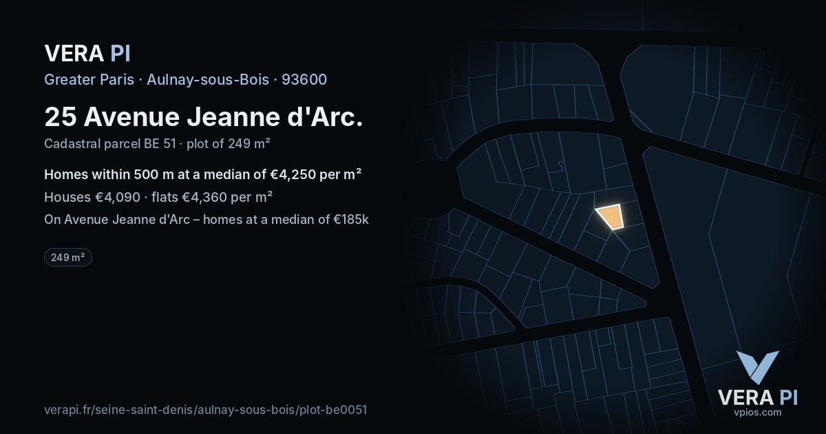 25 Avenue Jeanne d'Arc, Aulnay-sous-Bois at night – the plot lit, the parcels around coloured by the prices near them