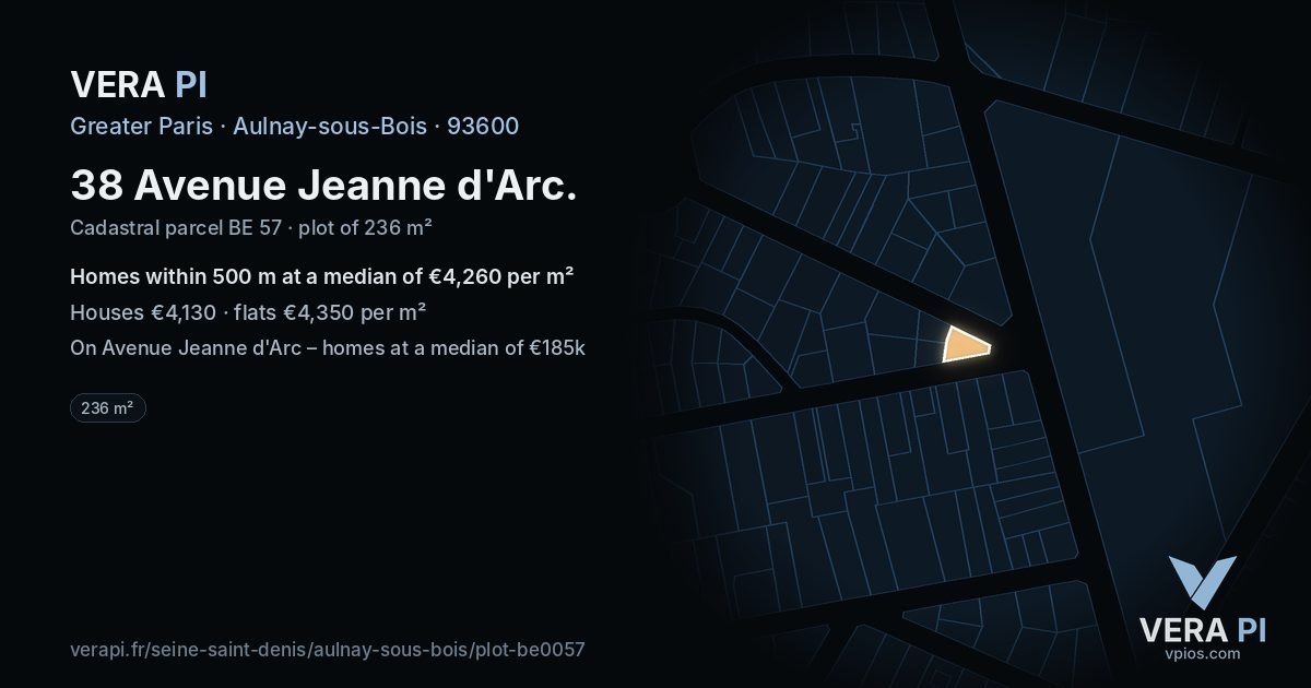 38 Avenue Jeanne d'Arc, Aulnay-sous-Bois at night – the plot lit, the parcels around coloured by the prices near them
