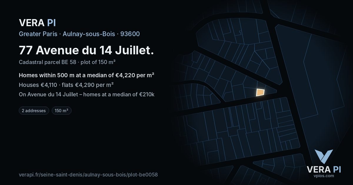 77 Avenue du 14 Juillet, Aulnay-sous-Bois at night – the plot lit, the parcels around coloured by the prices near them