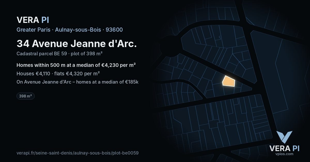 34 Avenue Jeanne d'Arc, Aulnay-sous-Bois at night – the plot lit, the parcels around coloured by the prices near them