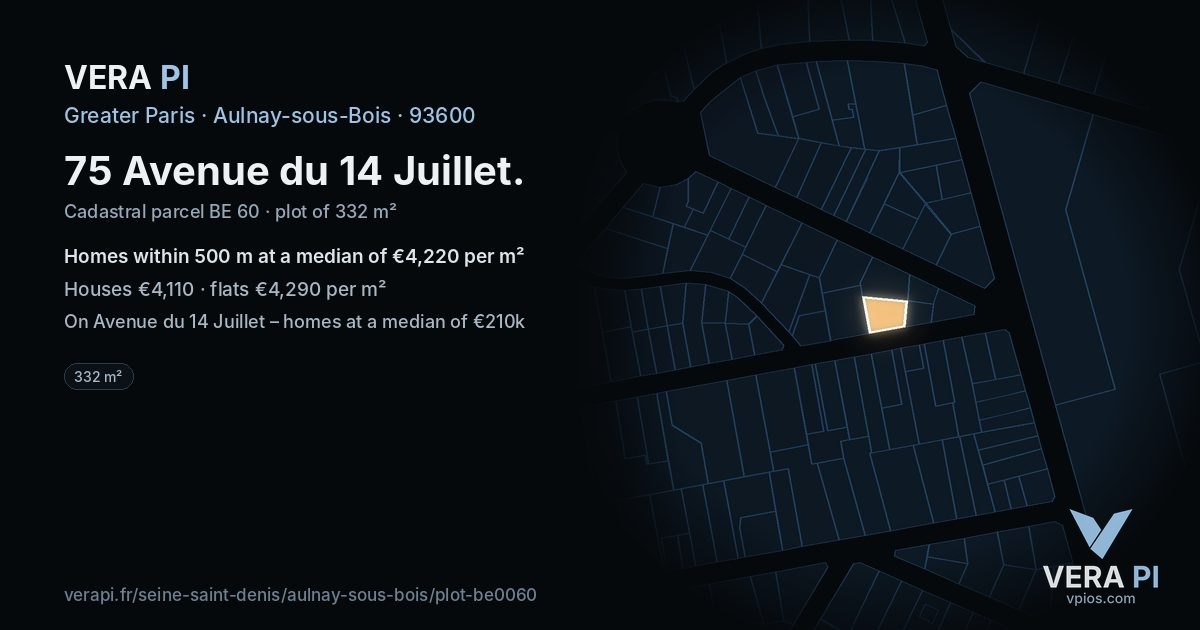 75 Avenue du 14 Juillet, Aulnay-sous-Bois at night – the plot lit, the parcels around coloured by the prices near them