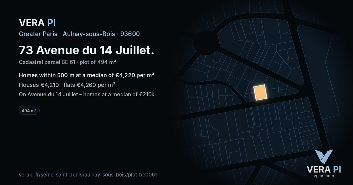 73 Avenue du 14 Juillet, Aulnay-sous-Bois at night – the plot lit, the parcels around coloured by the prices near them
