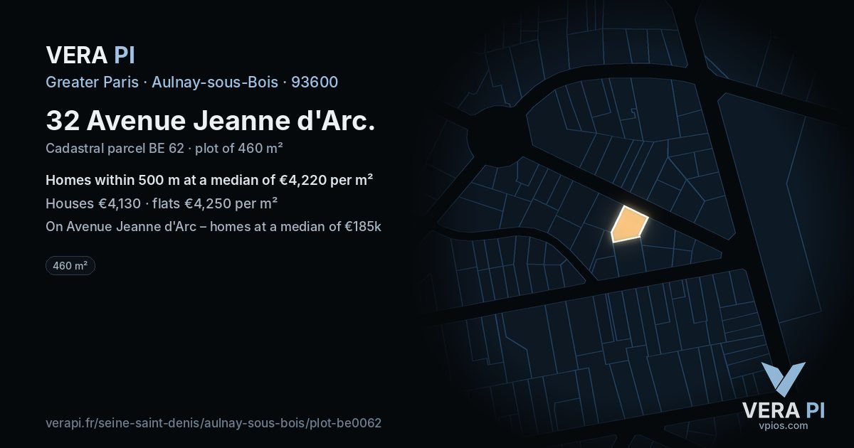 32 Avenue Jeanne d'Arc, Aulnay-sous-Bois at night – the plot lit, the parcels around coloured by the prices near them