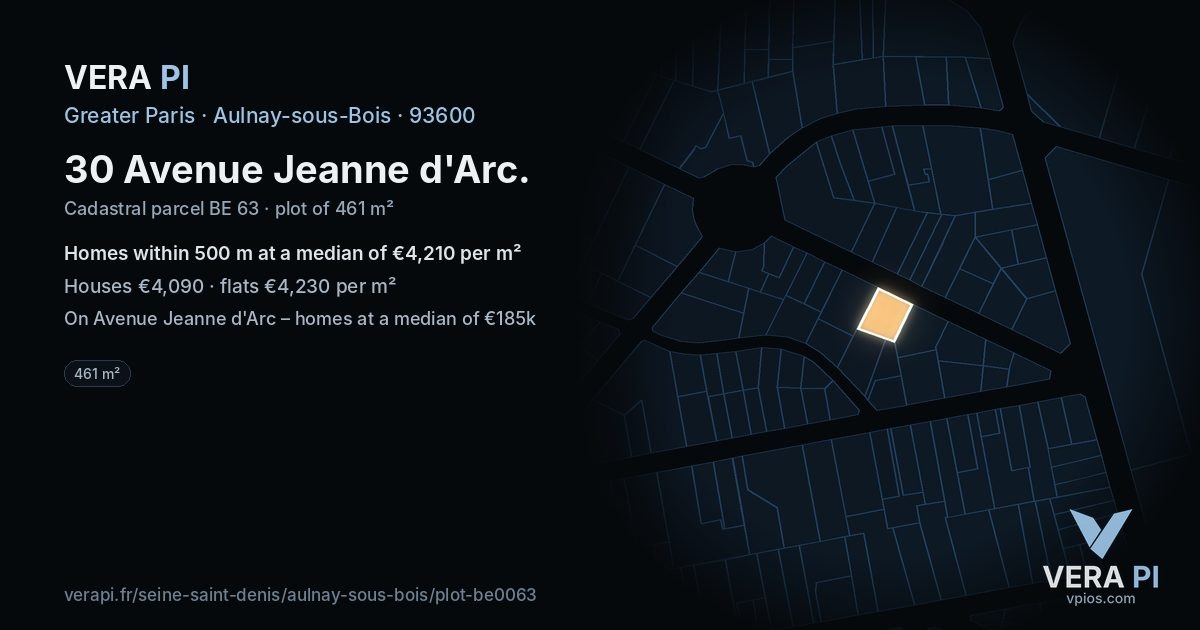 30 Avenue Jeanne d'Arc, Aulnay-sous-Bois at night – the plot lit, the parcels around coloured by the prices near them