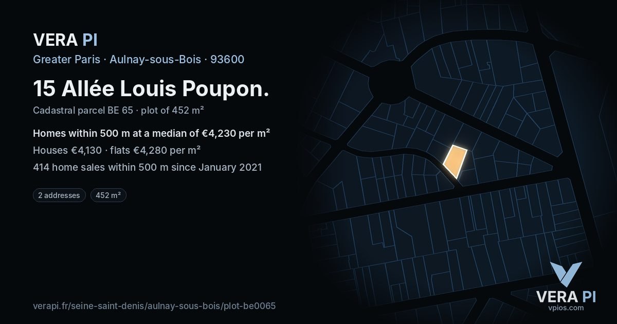15 Allée Louis Poupon, Aulnay-sous-Bois at night – the plot lit, the parcels around coloured by the prices near them