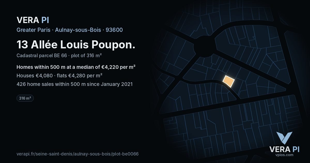 13 Allée Louis Poupon, Aulnay-sous-Bois at night – the plot lit, the parcels around coloured by the prices near them