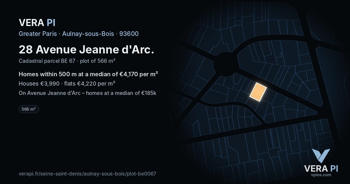 28 Avenue Jeanne d'Arc, Aulnay-sous-Bois at night – the plot lit, the parcels around coloured by the prices near them