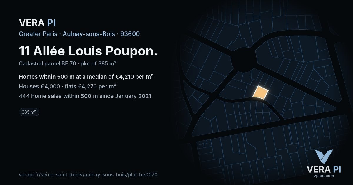 11 Allée Louis Poupon, Aulnay-sous-Bois at night – the plot lit, the parcels around coloured by the prices near them