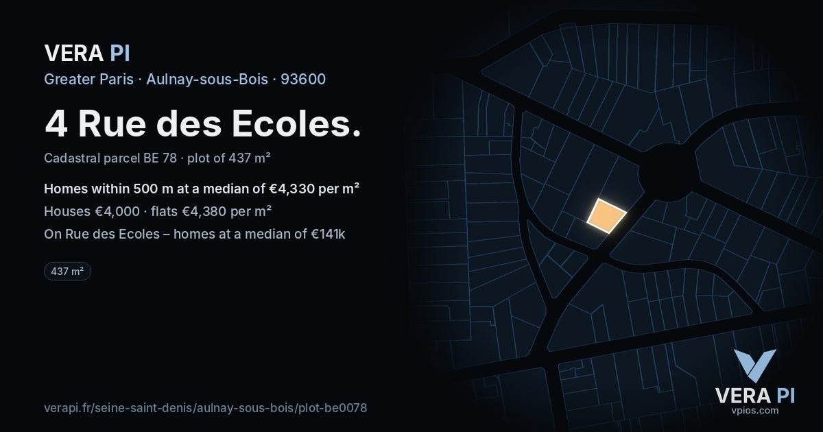 4 Rue des Ecoles, Aulnay-sous-Bois at night – the plot lit, the parcels around coloured by the prices near them