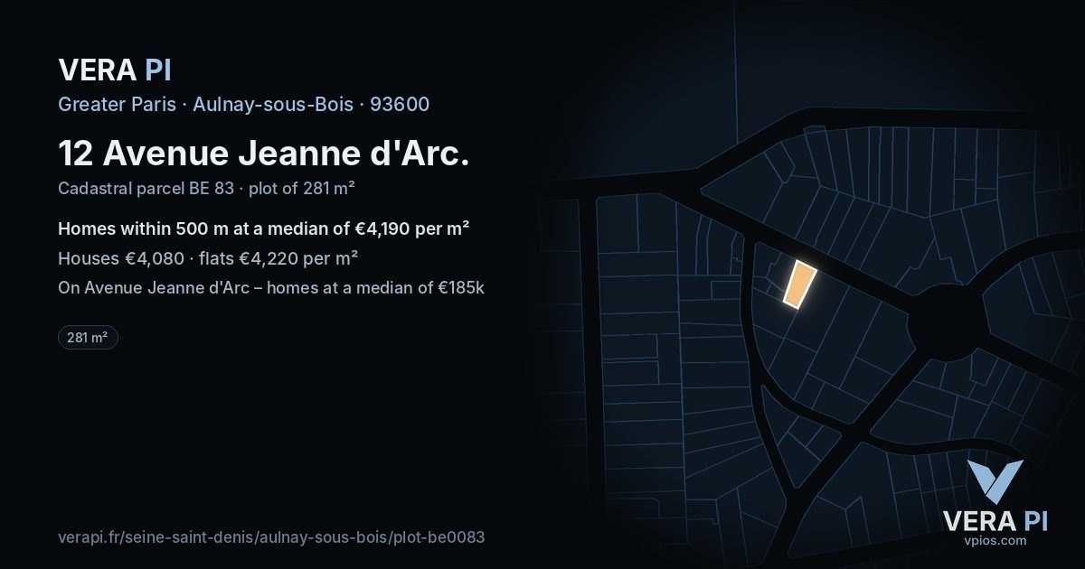 12 Avenue Jeanne d'Arc, Aulnay-sous-Bois at night – the plot lit, the parcels around coloured by the prices near them