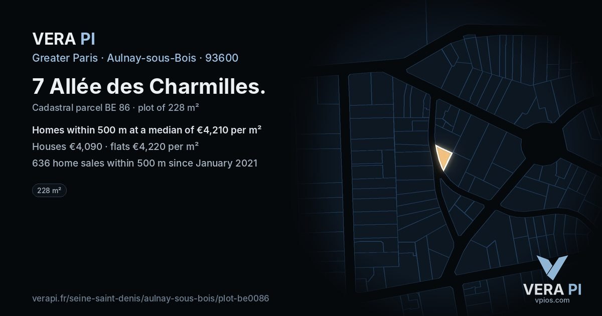 7 Allée des Charmilles, Aulnay-sous-Bois at night – the plot lit, the parcels around coloured by the prices near them