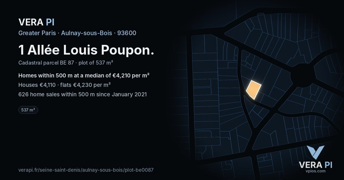 1 Allée Louis Poupon, Aulnay-sous-Bois at night – the plot lit, the parcels around coloured by the prices near them