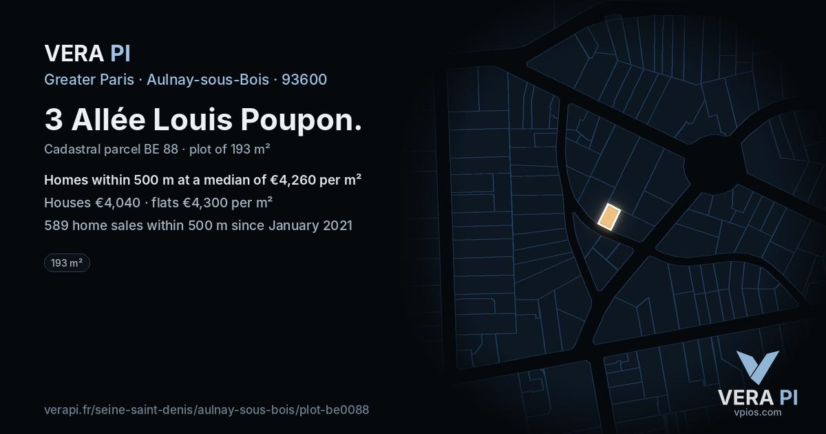3 Allée Louis Poupon, Aulnay-sous-Bois at night – the plot lit, the parcels around coloured by the prices near them