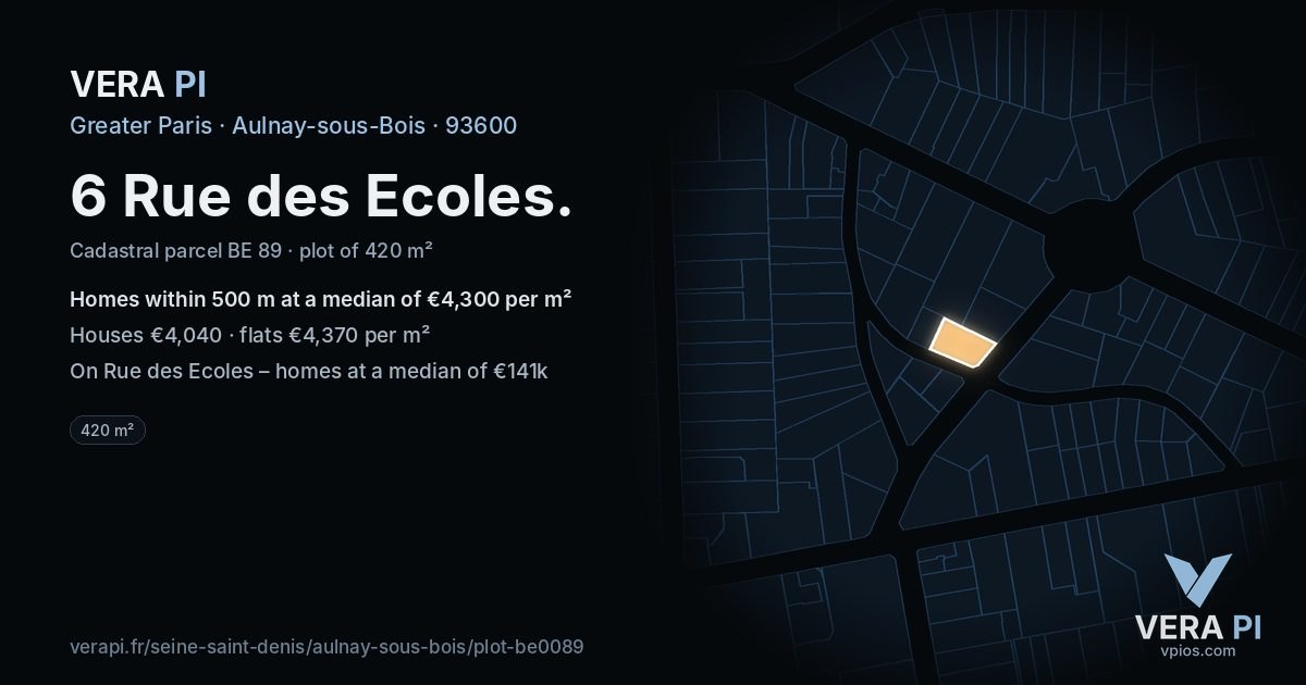 6 Rue des Ecoles, Aulnay-sous-Bois at night – the plot lit, the parcels around coloured by the prices near them