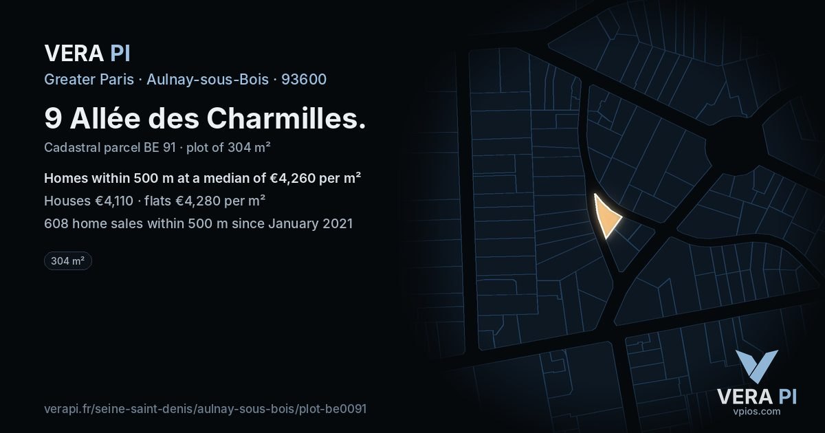 9 Allée des Charmilles, Aulnay-sous-Bois at night – the plot lit, the parcels around coloured by the prices near them