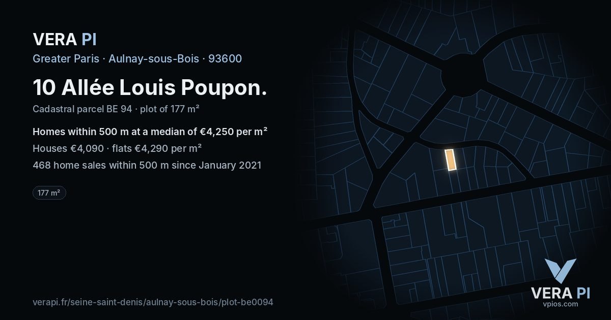 10 Allée Louis Poupon, Aulnay-sous-Bois at night – the plot lit, the parcels around coloured by the prices near them