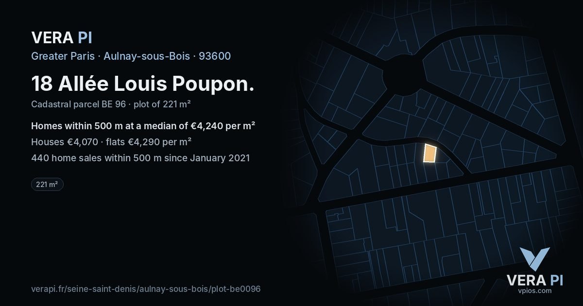 18 Allée Louis Poupon, Aulnay-sous-Bois at night – the plot lit, the parcels around coloured by the prices near them