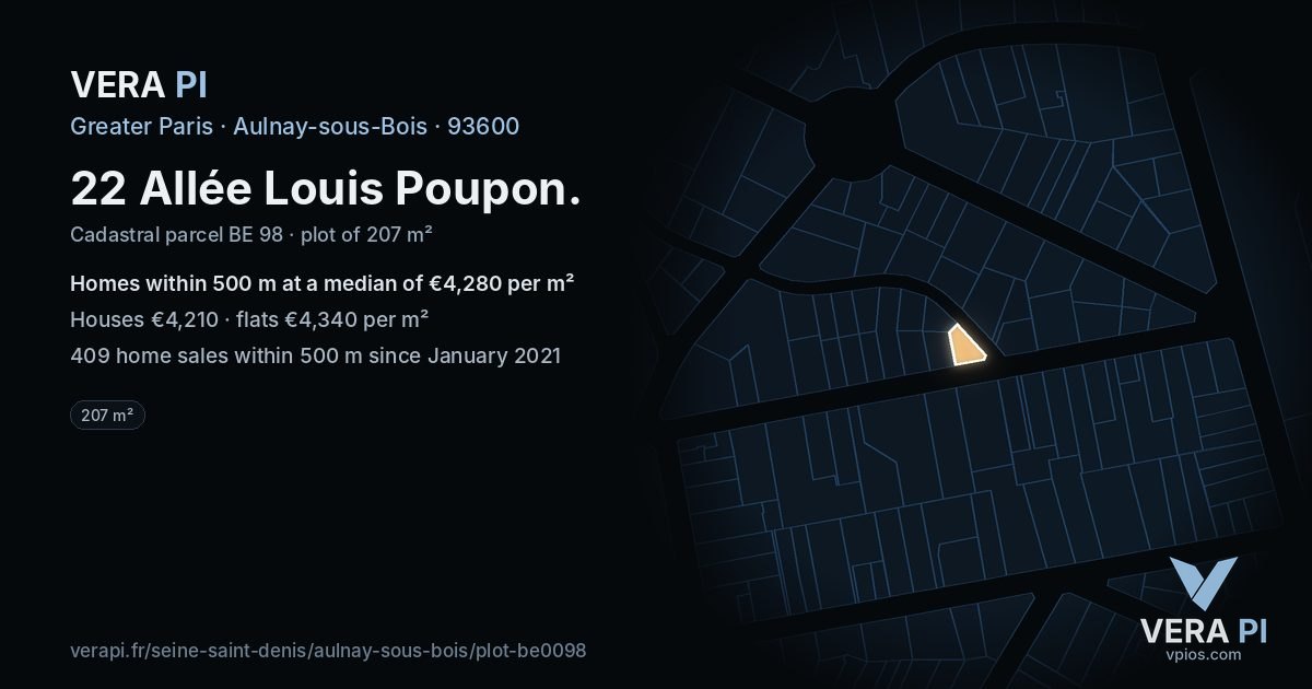 22 Allée Louis Poupon, Aulnay-sous-Bois at night – the plot lit, the parcels around coloured by the prices near them