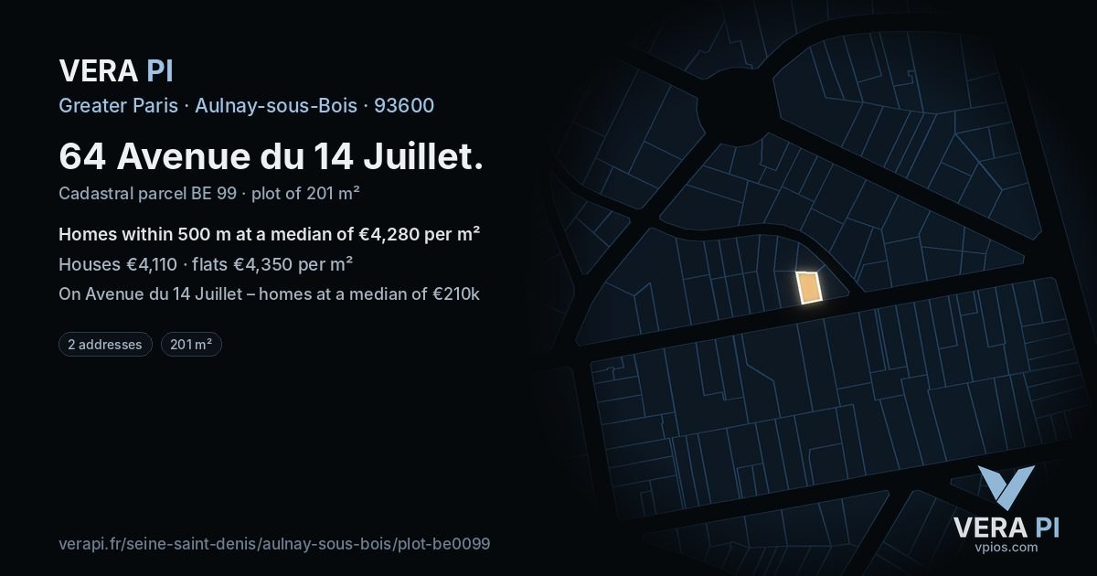 64 Avenue du 14 Juillet, Aulnay-sous-Bois at night – the plot lit, the parcels around coloured by the prices near them