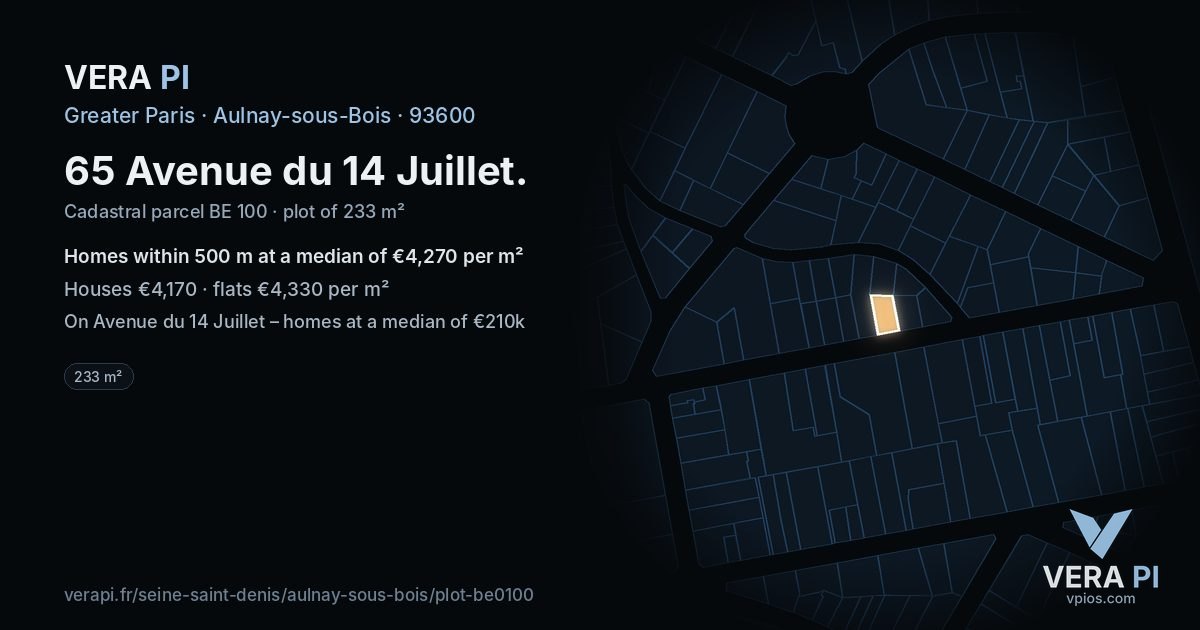 65 Avenue du 14 Juillet, Aulnay-sous-Bois at night – the plot lit, the parcels around coloured by the prices near them
