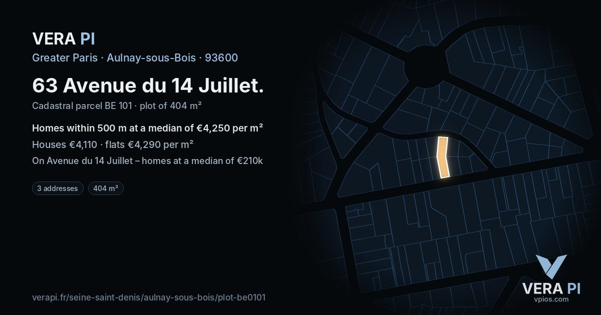 63 Avenue du 14 Juillet, Aulnay-sous-Bois at night – the plot lit, the parcels around coloured by the prices near them