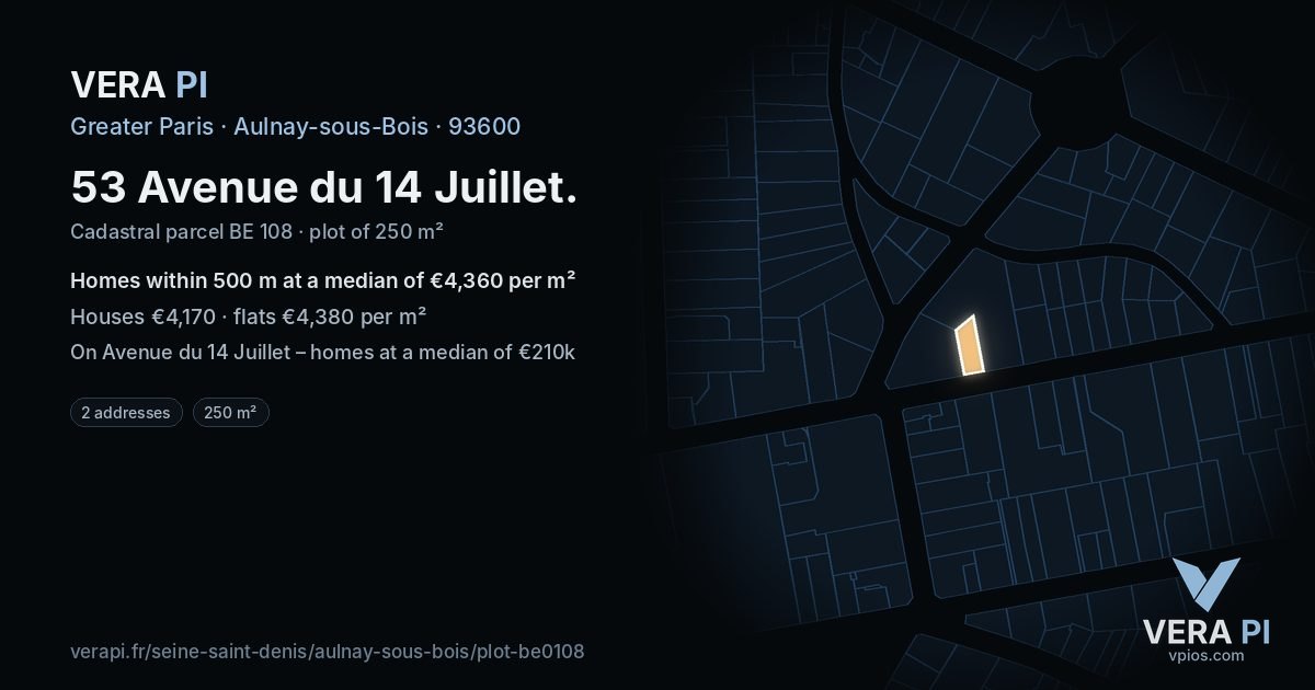 53 Avenue du 14 Juillet, Aulnay-sous-Bois at night – the plot lit, the parcels around coloured by the prices near them