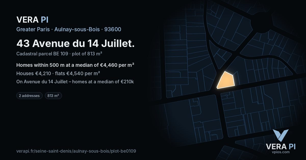 43 Avenue du 14 Juillet, Aulnay-sous-Bois at night – the plot lit, the parcels around coloured by the prices near them