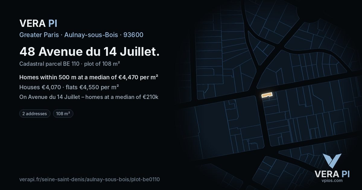 48 Avenue du 14 Juillet, Aulnay-sous-Bois at night – the plot lit, the parcels around coloured by the prices near them