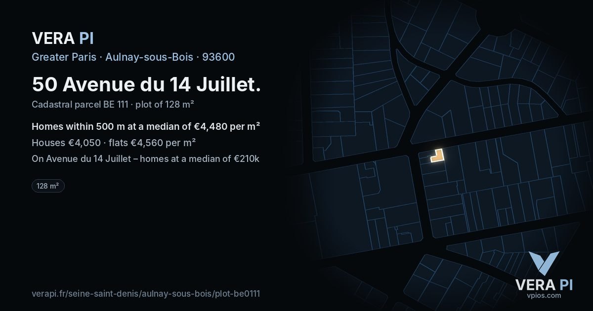 50 Avenue du 14 Juillet, Aulnay-sous-Bois at night – the plot lit, the parcels around coloured by the prices near them