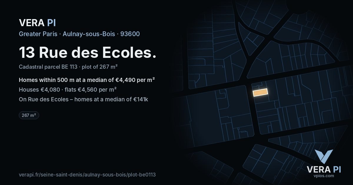 13 Rue des Ecoles, Aulnay-sous-Bois at night – the plot lit, the parcels around coloured by the prices near them