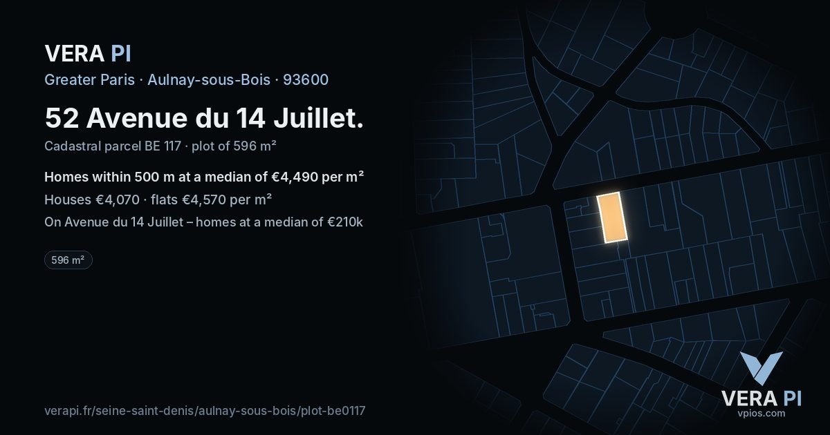52 Avenue du 14 Juillet, Aulnay-sous-Bois at night – the plot lit, the parcels around coloured by the prices near them