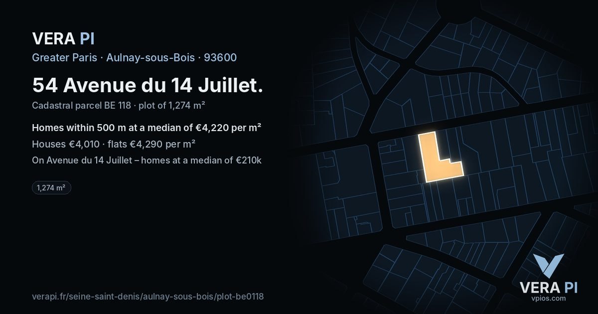 54 Avenue du 14 Juillet, Aulnay-sous-Bois at night – the plot lit, the parcels around coloured by the prices near them