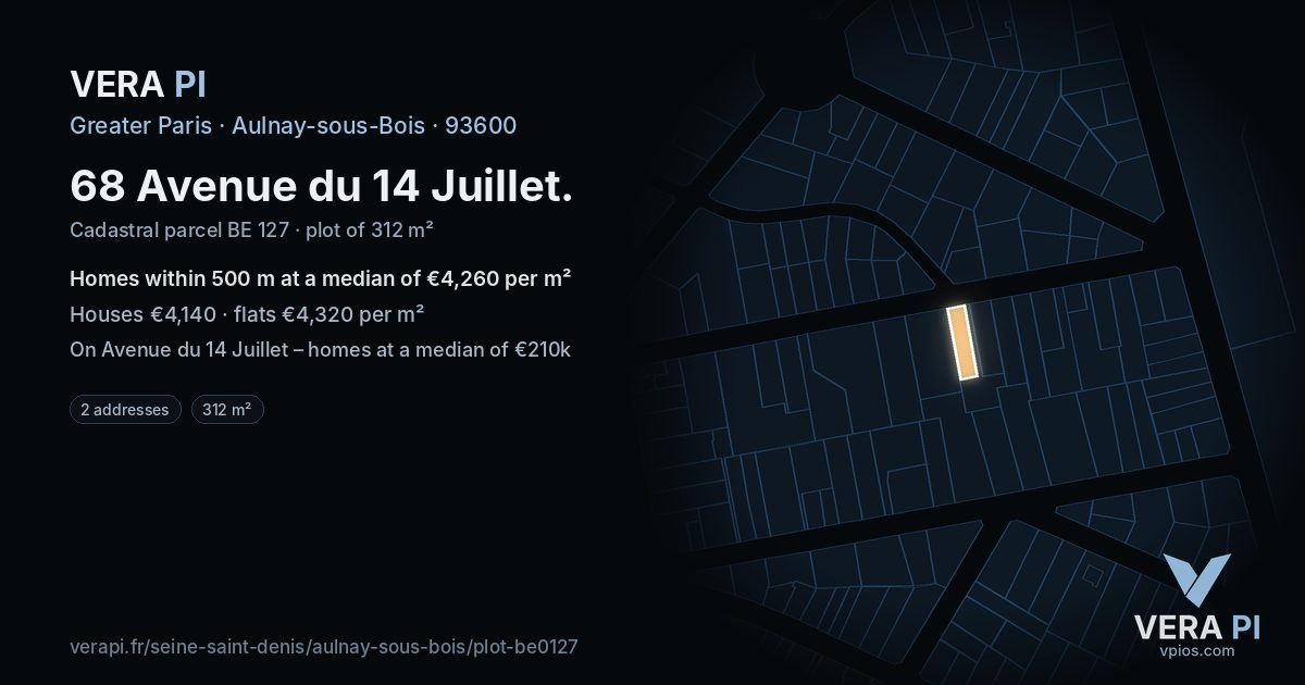 68 Avenue du 14 Juillet, Aulnay-sous-Bois at night – the plot lit, the parcels around coloured by the prices near them