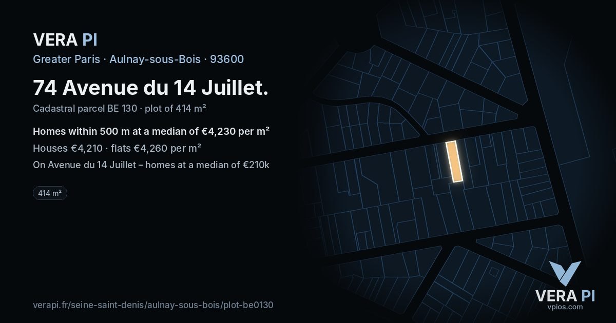 74 Avenue du 14 Juillet, Aulnay-sous-Bois at night – the plot lit, the parcels around coloured by the prices near them