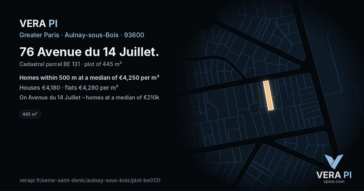 76 Avenue du 14 Juillet, Aulnay-sous-Bois at night – the plot lit, the parcels around coloured by the prices near them