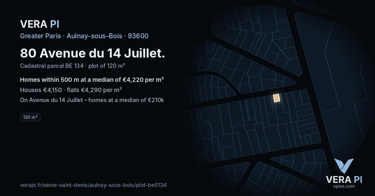 80 Avenue du 14 Juillet, Aulnay-sous-Bois at night – the plot lit, the parcels around coloured by the prices near them