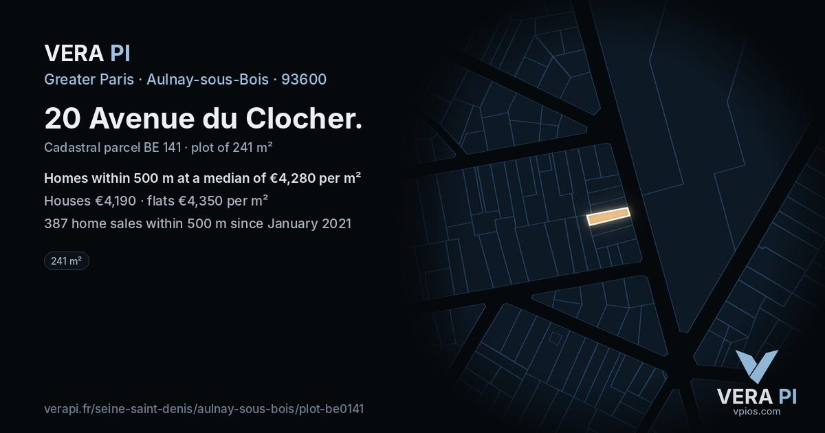 20 Avenue du Clocher, Aulnay-sous-Bois at night – the plot lit, the parcels around coloured by the prices near them