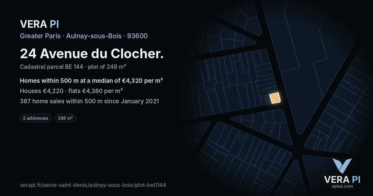 24 Avenue du Clocher, Aulnay-sous-Bois at night – the plot lit, the parcels around coloured by the prices near them