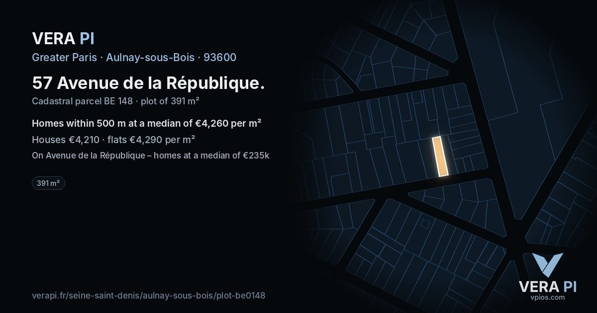 57 Avenue de la République, Aulnay-sous-Bois at night – the plot lit, the parcels around coloured by the prices near them
