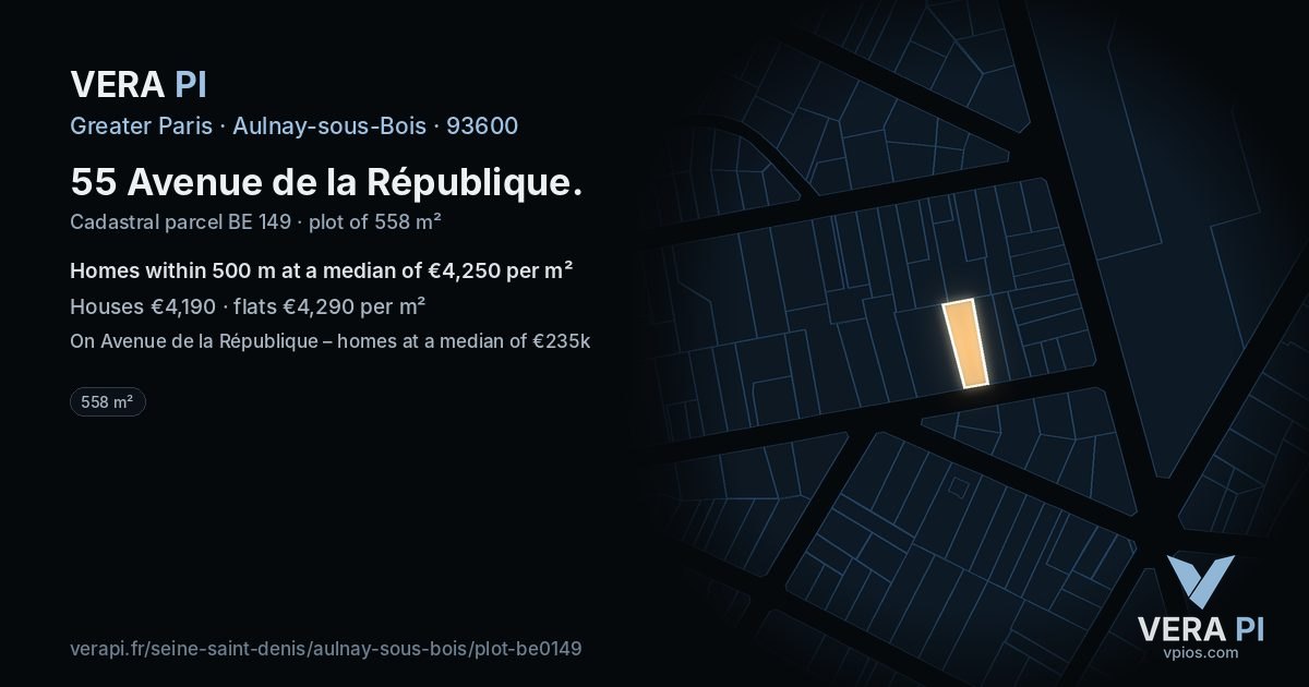 55 Avenue de la République, Aulnay-sous-Bois at night – the plot lit, the parcels around coloured by the prices near them