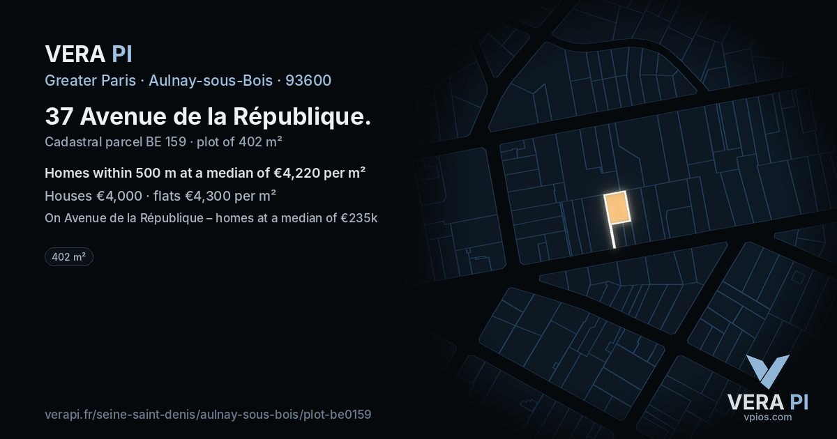 37 Avenue de la République, Aulnay-sous-Bois at night – the plot lit, the parcels around coloured by the prices near them