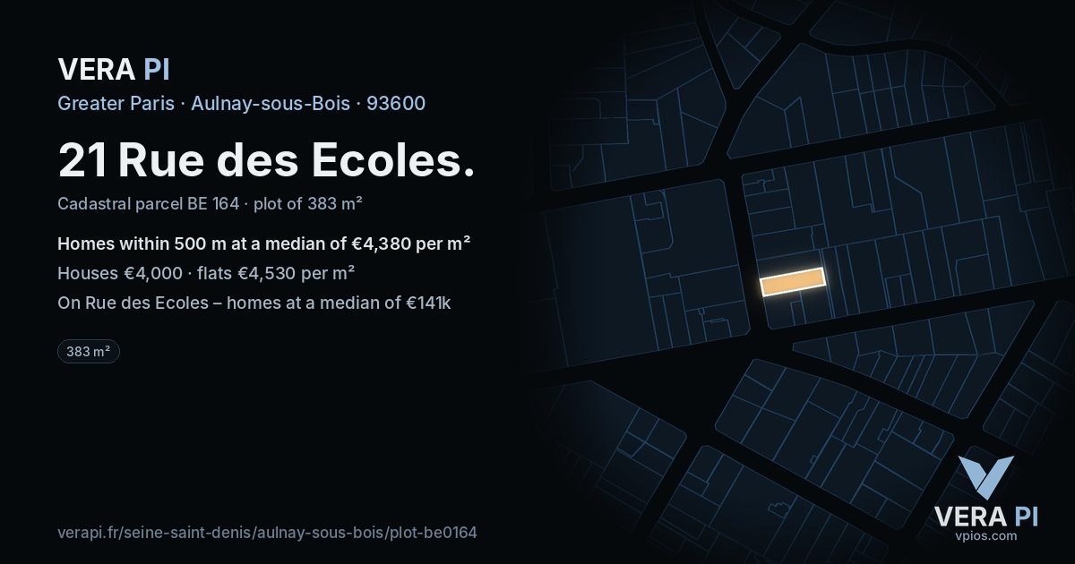 21 Rue des Ecoles, Aulnay-sous-Bois at night – the plot lit, the parcels around coloured by the prices near them