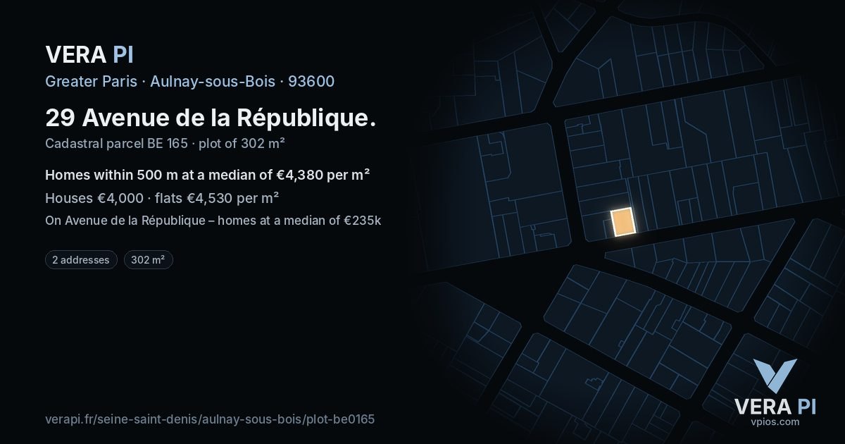 29 Avenue de la République, Aulnay-sous-Bois at night – the plot lit, the parcels around coloured by the prices near them