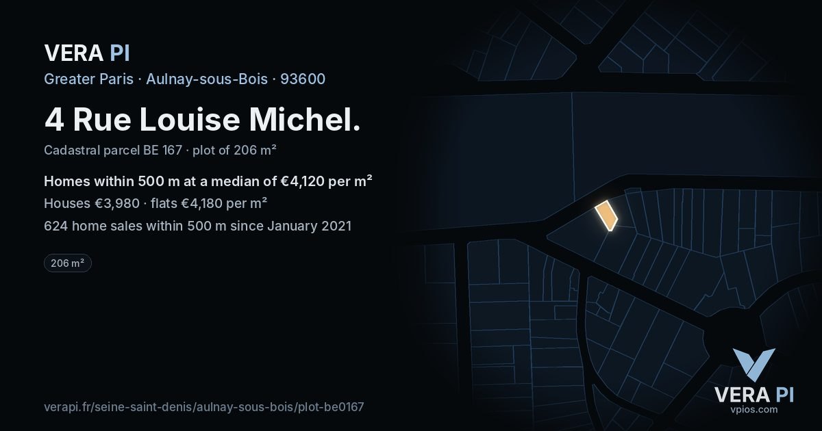 4 Rue Louise Michel, Aulnay-sous-Bois at night – the plot lit, the parcels around coloured by the prices near them