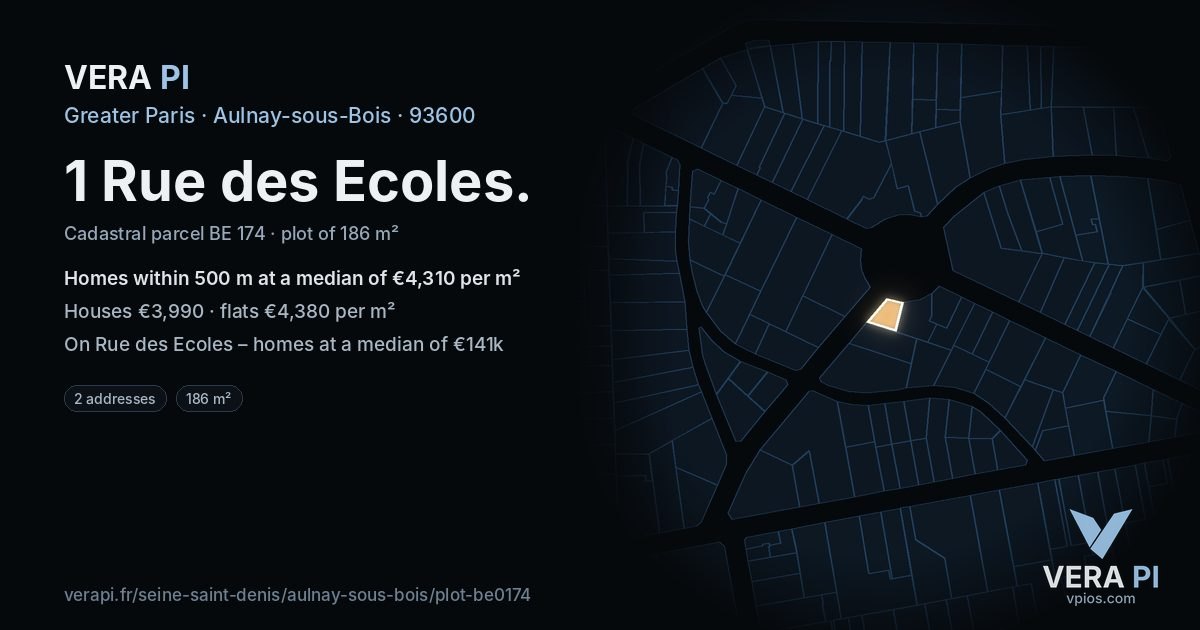 1 Rue des Ecoles, Aulnay-sous-Bois at night – the plot lit, the parcels around coloured by the prices near them