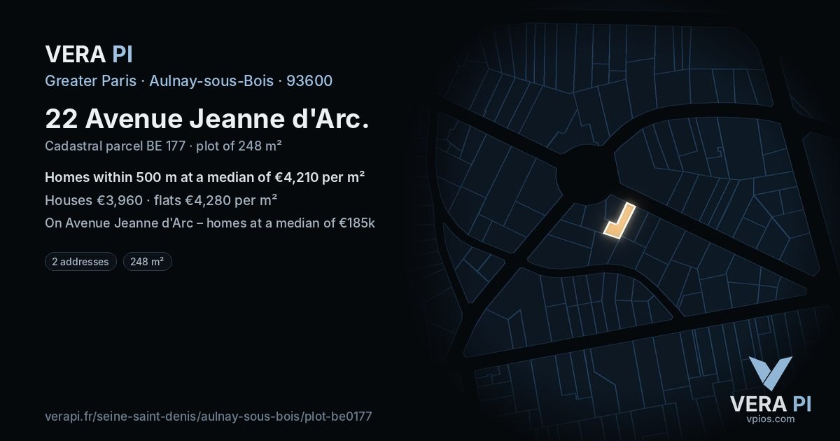 22 Avenue Jeanne d'Arc, Aulnay-sous-Bois at night – the plot lit, the parcels around coloured by the prices near them