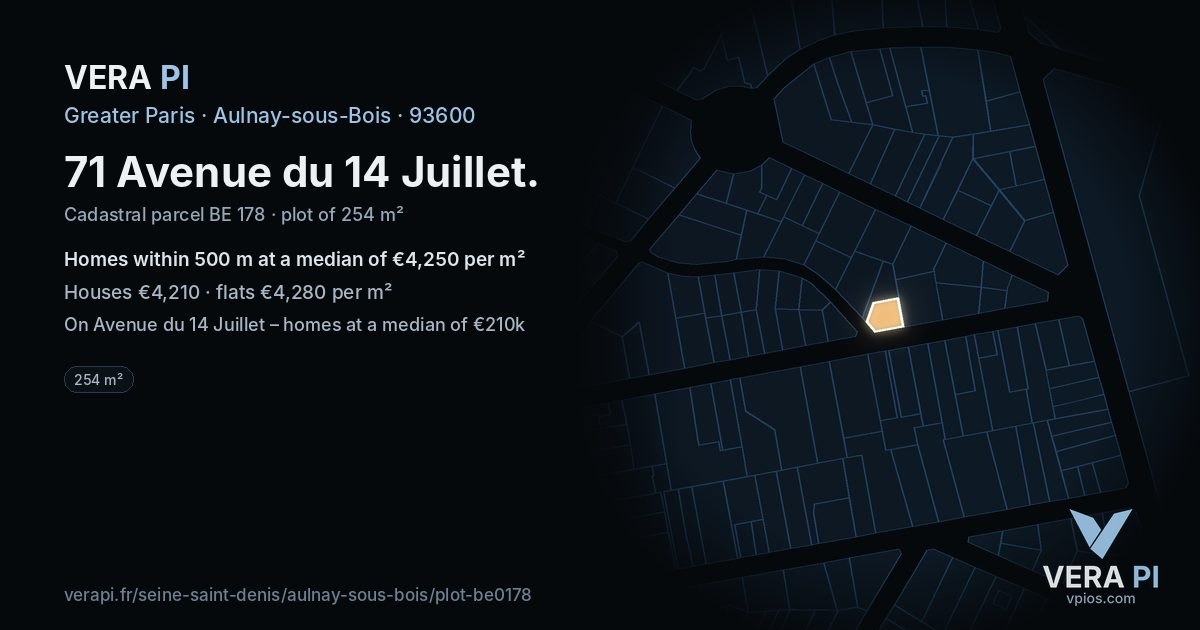 71 Avenue du 14 Juillet, Aulnay-sous-Bois at night – the plot lit, the parcels around coloured by the prices near them