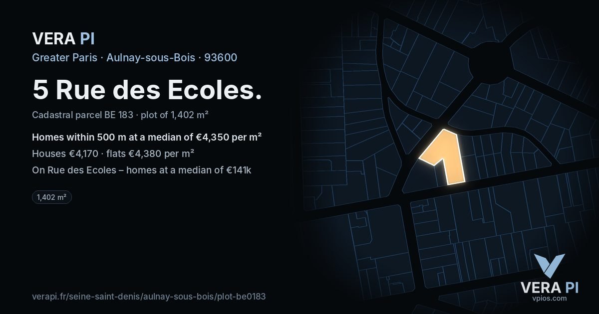 5 Rue des Ecoles, Aulnay-sous-Bois at night – the plot lit, the parcels around coloured by the prices near them